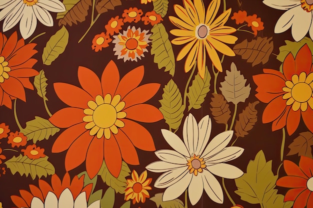 papel de parede floral inspirado nos anos 70 com margaridas laranja e amarelas em grande escala em um fundo marrom