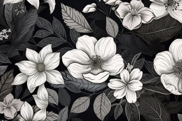 Papel de parede floral monocromático com flores brancas em um fundo preto Generative AI