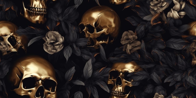 Papel de parede floral preto e dourado de rosas negras e caveira dourada