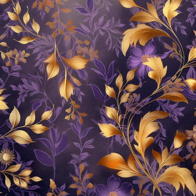 papel de parede floral roxo e dourado com folhas douradas e flores generativas ai