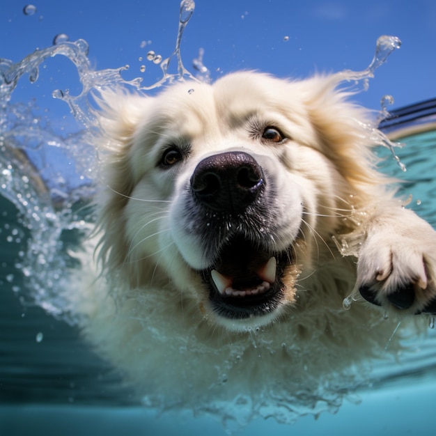 Foto papel de parede fofo de cachorro dos grandes pirineus pulando na água da piscina arte gerada por ia