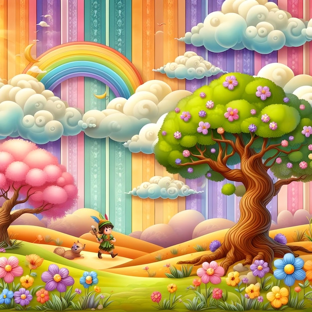 Papel de parede ilustração colorida de um arco-íris com um rato e uma árvore