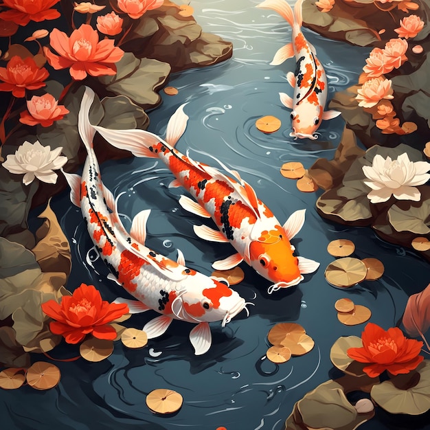 Foto papel de parede ilustração de peixes koi em um pequeno rio