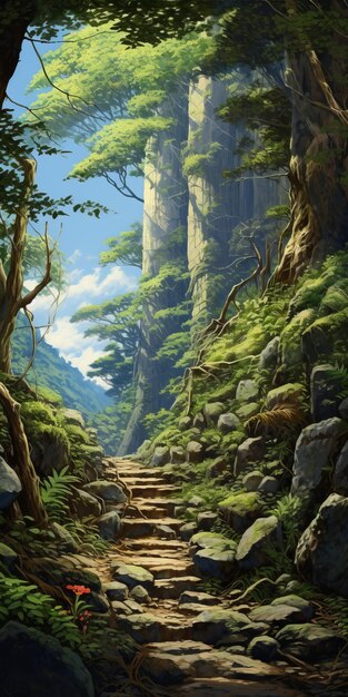 Papel de parede inspirado em anime de Miyazaki Hayao com vistas montanhosas detalhadas