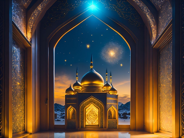 Papel de parede islâmico fundo de ramadan kareem com bela mesquita de ouro