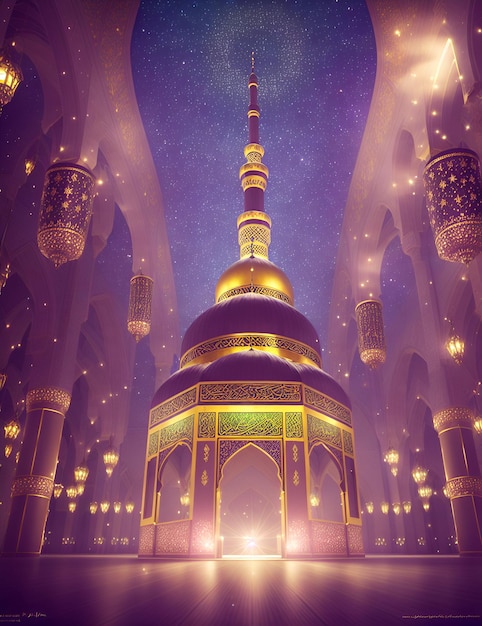 Papel de parede islâmico fundo de ramadan kareem com bela mesquita de ouro