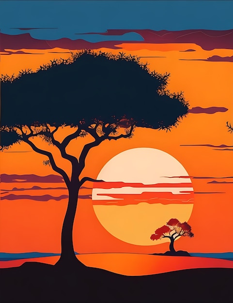 Papel de parede minimalista do pôr do sol e uma silhueta de uma árvore em primeiro plano