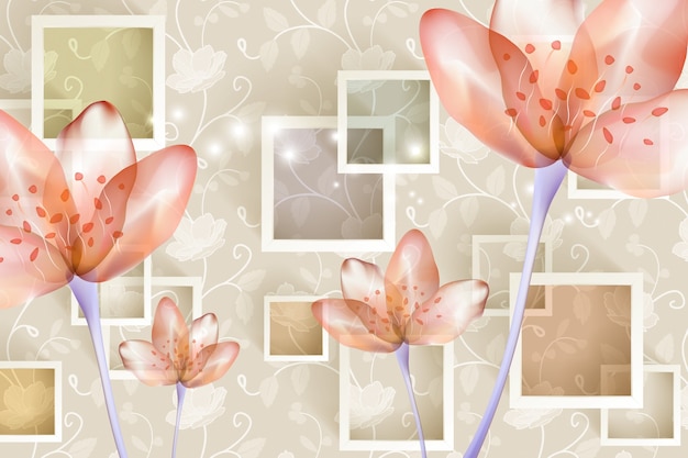 Foto papel de parede moderno 3d mural flores rosas com quadrados e fundo decorativo