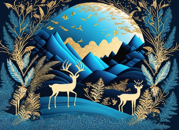 papel de parede mural azul escuro da era contemporânea, árvore de Natal, montanha, queridos pássaros