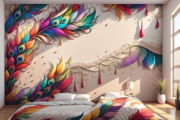 Papel de parede para o quarto com papel de parede de penas de pavão