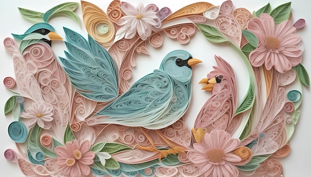 Papel de parede pastel HD Quilled Bird Mural e Fusão de Formas Criativas