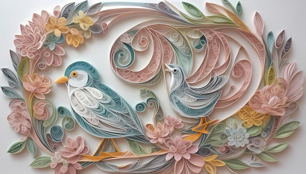 Papel de parede pastel HD Quilled Bird Mural e Fusão de Formas Criativas