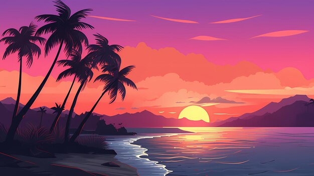 Foto papel de parede praia do pôr-do-sol com palmeira cor retro