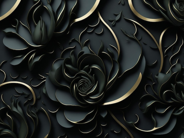 Papel de parede preto e dourado com desenho de flores no centro.