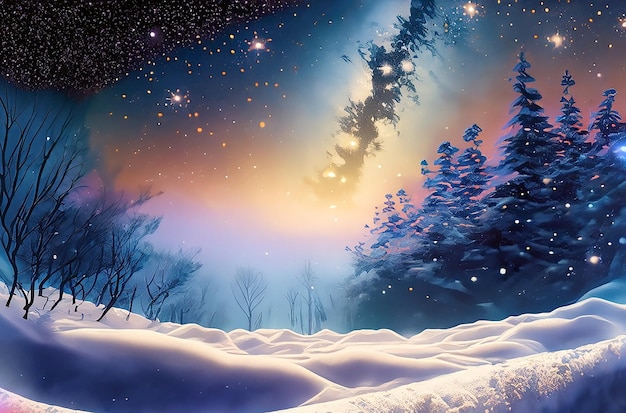 papel de parede que casa a magia das estrelas e galáxias com a beleza serena de terras cobertas de neve
