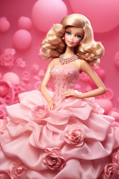 Boneca barbie com roupa rosa com bandana rosa e sapatos rosa generative ai