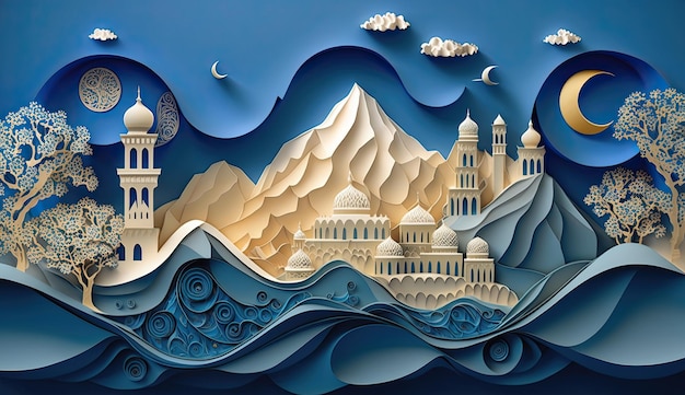 Papel de quilling da mesquita do Ramadã, montanha e paisagem do mar, papel de corte fundo azul gerado por ai