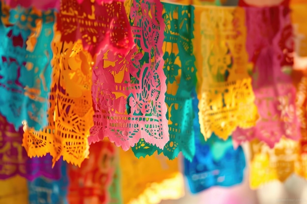 Foto papel de tecido colorido cortado bandeiras papel picado para o dia dos mortos no méxico