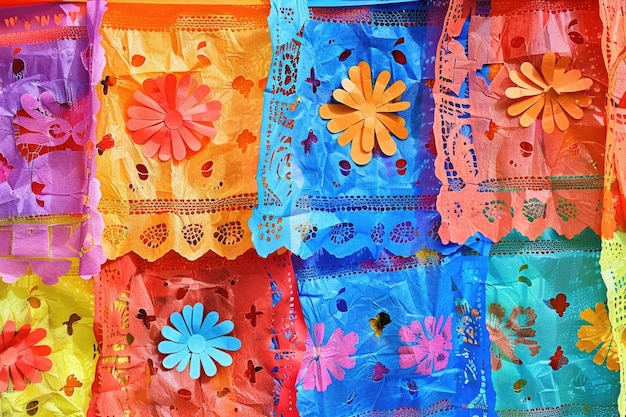 Foto papel de tecido colorido cortado bandeiras papel picado para o dia dos mortos no méxico