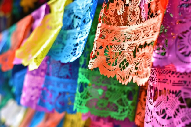 Foto papel de tecido colorido cortado bandeiras papel picado para o dia dos mortos no méxico