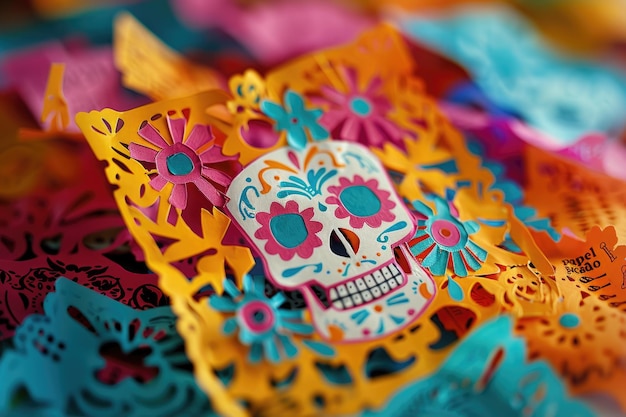 Foto papel de tecido colorido cortado bandeiras papel picado para o dia dos mortos no méxico