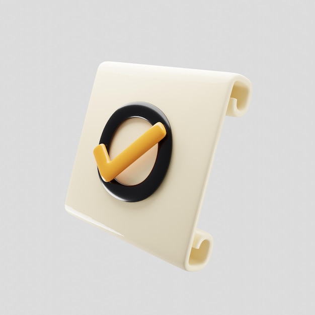 Foto papel de desplazamiento con icono de lista de verificación amarilla en representación 3d ilustración 3d