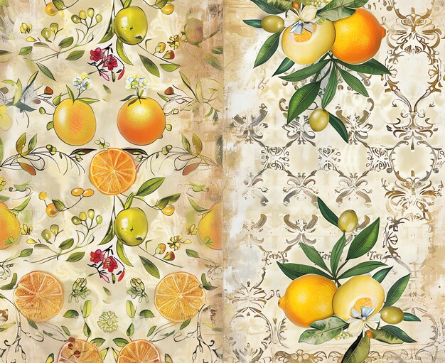 Papel de diario basura damascos italianos naranjas limones aceitunas y flores textiles basura de estilo vintage