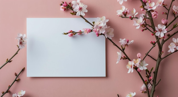 Foto papel em branco cercado de flores em fundo rosa