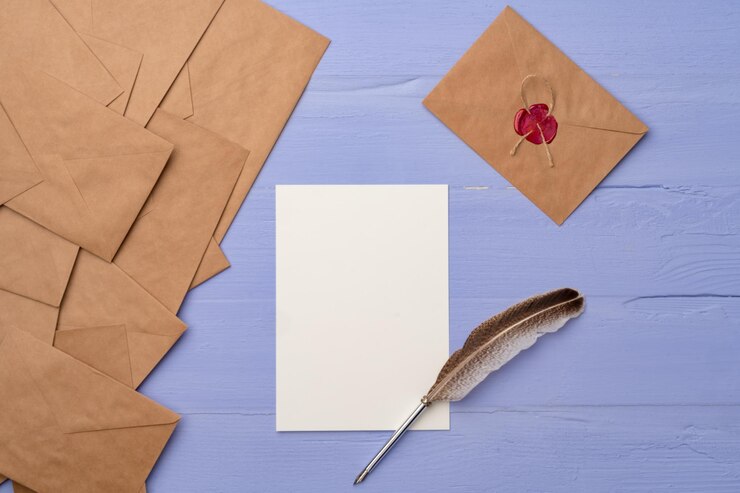 Foto papel em branco com penas e envelopes em uma mesa de madeira de lavanda