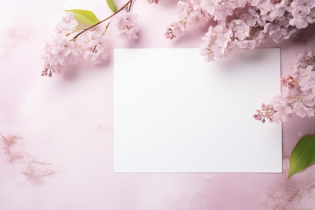 Papel em branco e flores em fundo de país para papel de papel de arte imprimível e modelo de cartão de saudação