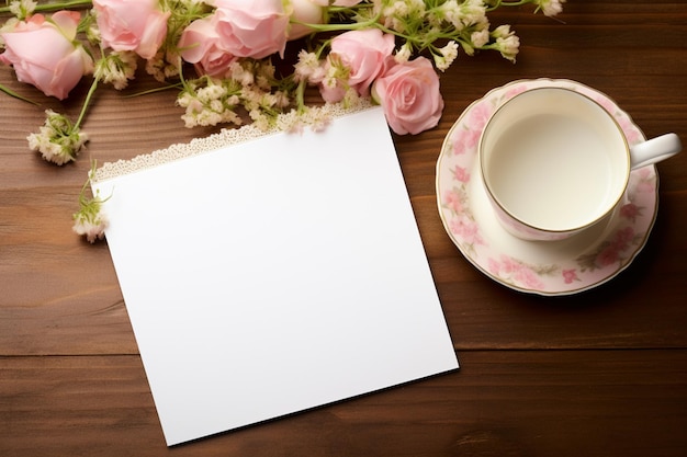 Papel em branco e flores no fundo da mesa de madeira rústica do país para papel de carta de arte imprimível e maquete de cartão de felicitações