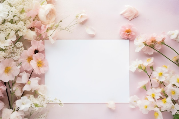 Papel em branco e flores no fundo do país para papel de carta de arte imprimível e ideia de maquete de cartão de felicitações