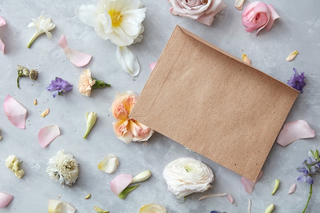 Papel em branco e flores sobre fundo de pedra. maquete com flores. postura plana,