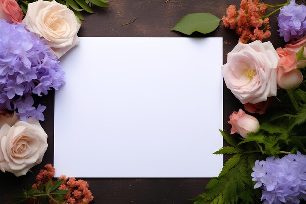 Foto papel em branco em uma mesa perto de flores no estilo de uhd