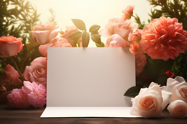 Foto papel em branco em uma mesa perto de flores no estilo de uhd