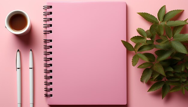 Foto papel em branco na mesa no escritório com planta e livro gerados pela ia