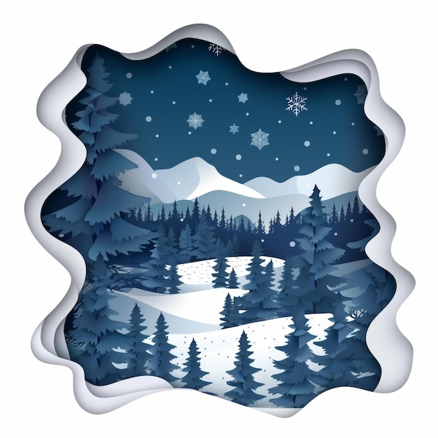 Papel de escena de invierno cortado con árboles y nieve