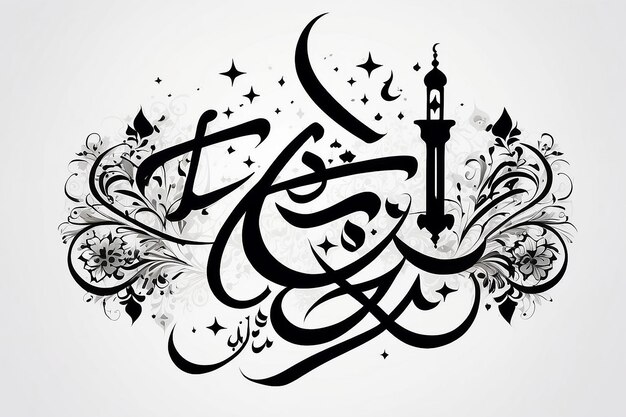 Papel gráfico islámico Feliz Eid Mubarak texto en fondo blanco aislado en fuente árabe en ramadan kareem