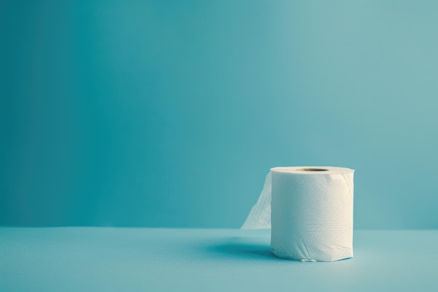 Foto papel higiénico desenrollado sobre fondo azul abastecerse de artículos de higiene para comprar y