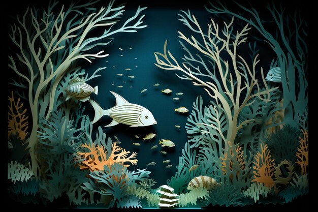 Papel bajo el mar país de las maravillas intrincado papel vida marina papel recorte ilustración generativa ai