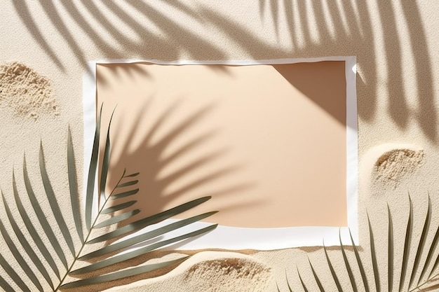 Papel marrón en blanco con una hoja de palma en la arena