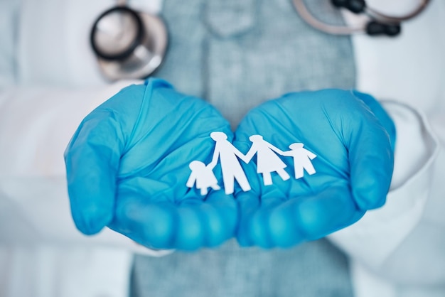 Foto papel médico y familia con las manos del médico en la clínica para soporte de seguro de vida y cirugía medicina sanitaria y esperanza con primer plano de la persona en el hospital para consultar a la comunidad y la confianza