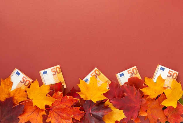 Papel moneda con un valor nominal de 50 euros y hojas de arce coloridas de otoño Venta de otoño