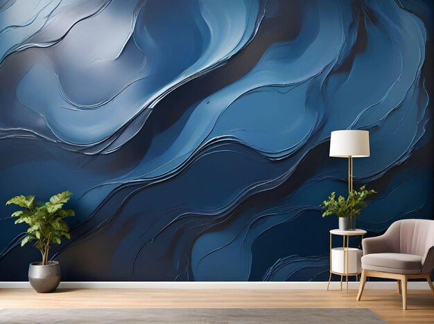 Papel mural azul detallado en 3D con formas abstractas de color azul oscuro en una habitación con muebles