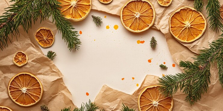 un papel con naranjas y ramas de pino en él