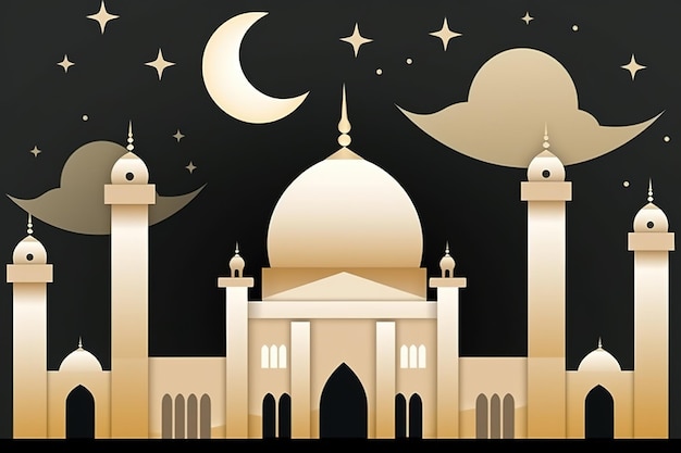 Un papel negro y dorado con una mezquita y una luna.