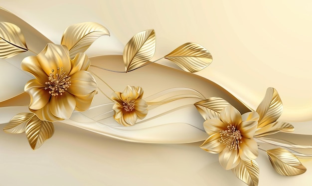 Papel de pared 3D flores en colores dorado y crema papel de parede 3D de alta calidad generado por IA ima