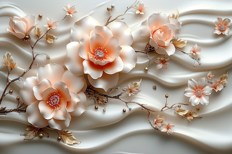 Papel de pared 3D con hermosas joyas rosas decoraciones florales y seda de lujo hermoso fondo