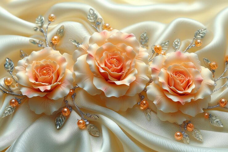 Papel de pared 3D con hermosas joyas rosas decoraciones florales y seda de lujo hermoso fondo