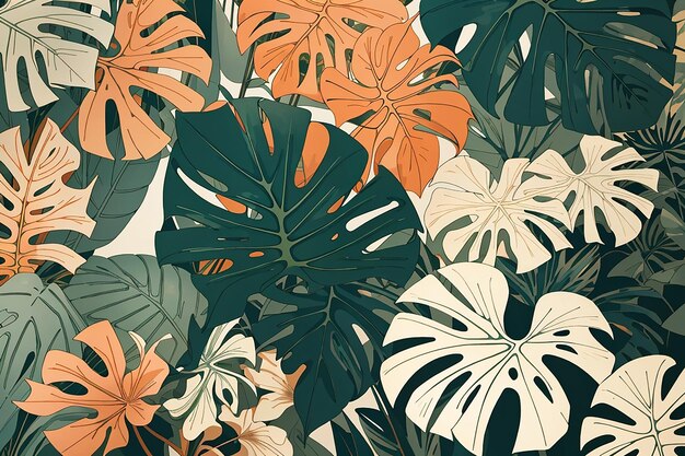 Papel de pared art deco de bosque tropical Patrón floral con flores y hojas exóticas hoja dividida Planta de filodendro planta de monstera Planta de plantas de la selva arte de línea en fondo de moda Ilustración vectorial